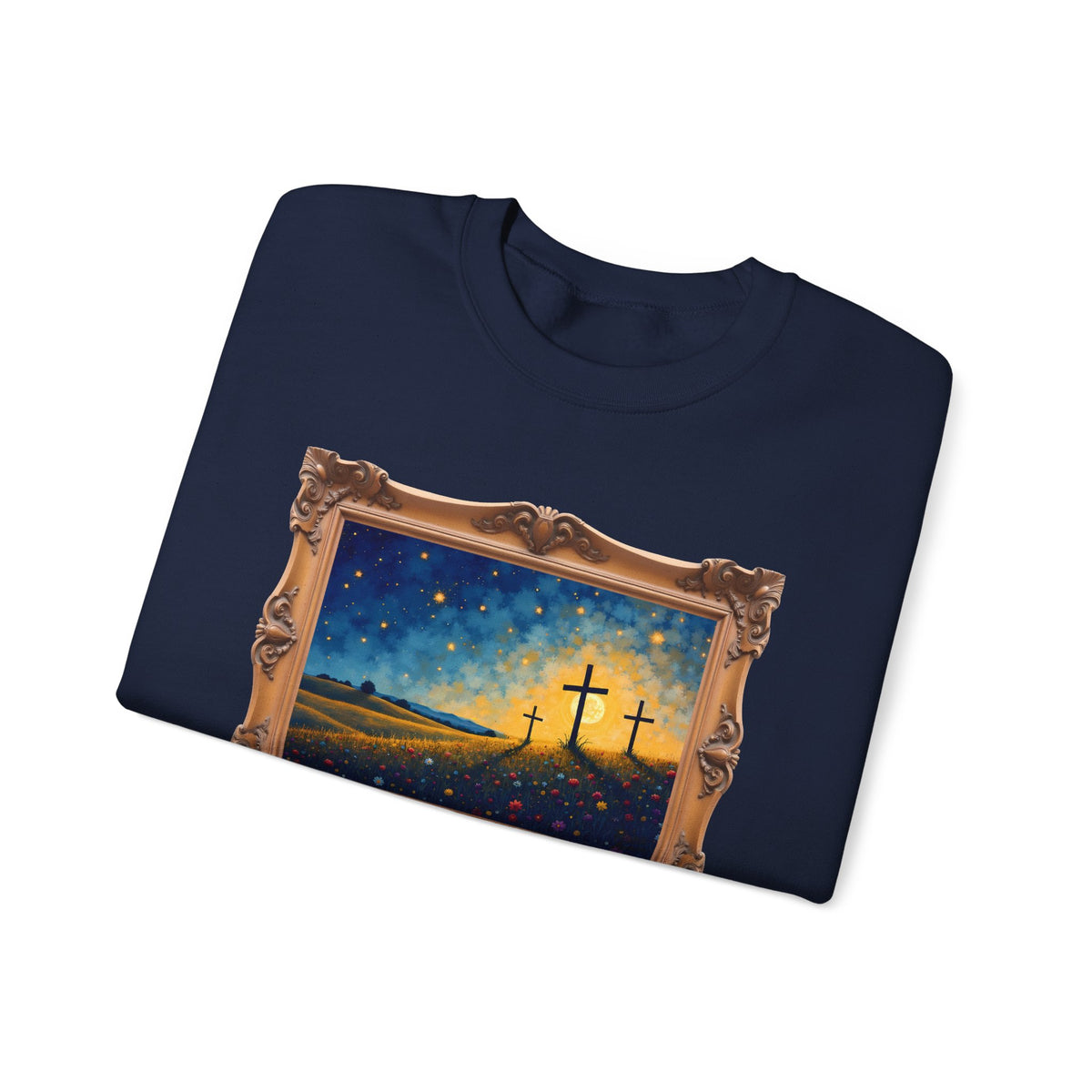 Three Crosses on Hill - Framed - Crewneck Sweatshirt | Bible Art