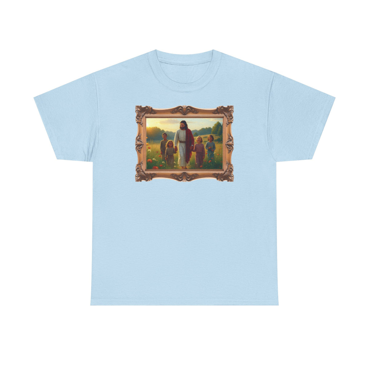 Jesus with Children in Wildflowers - Framed - T-Shirt | Religious Inspirational Tee, Prayer Artwork