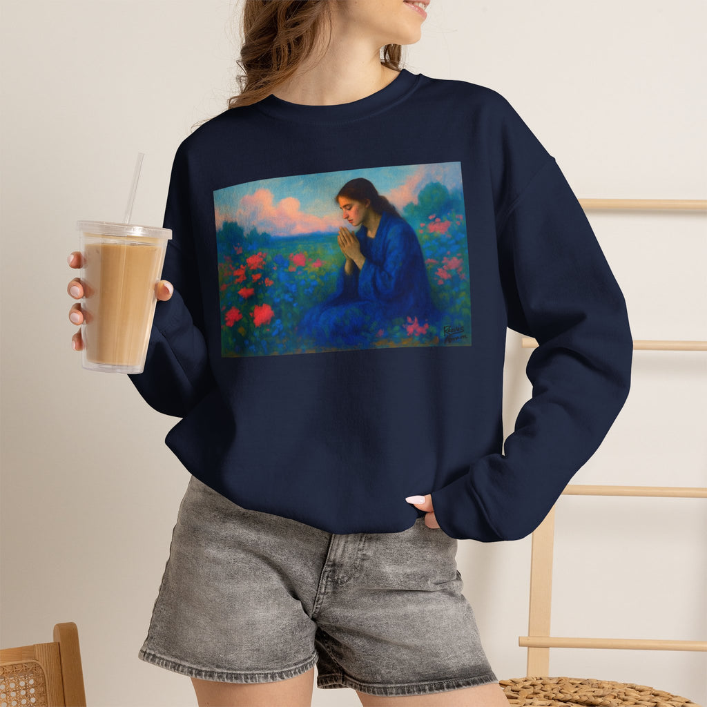 Praying Woman in Wildflowers | Crewneck Sweatshirt | Christian Art | Faith-Inspired