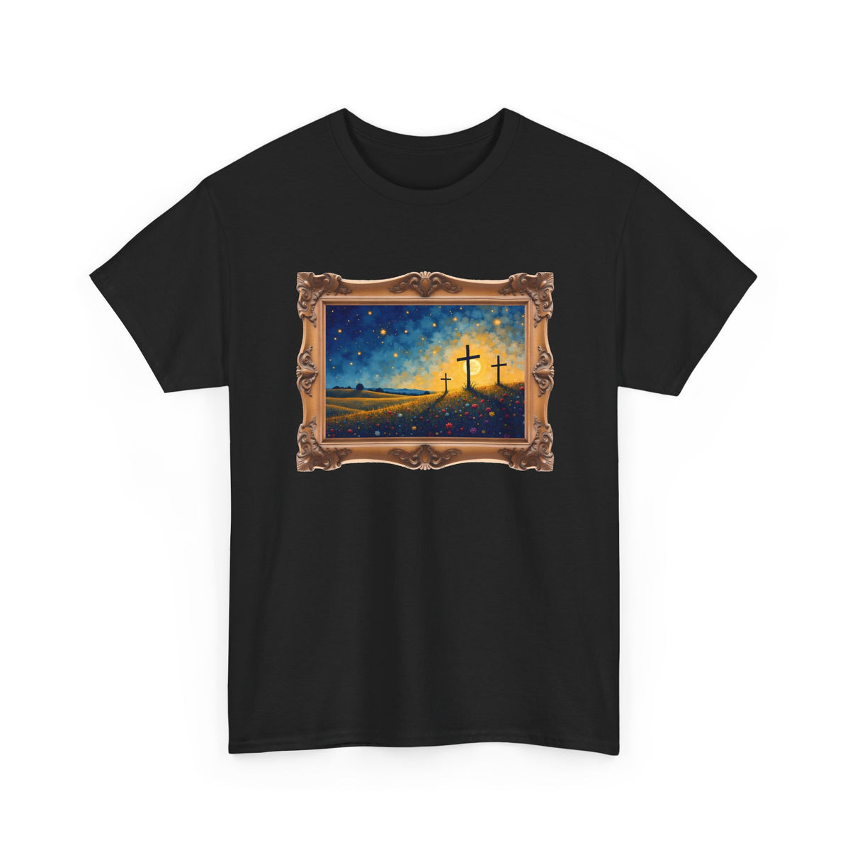 Three Crosses on Hill - Framed - T-Shirt | Religious Inspirational Tee, Jesus Faith Artwork