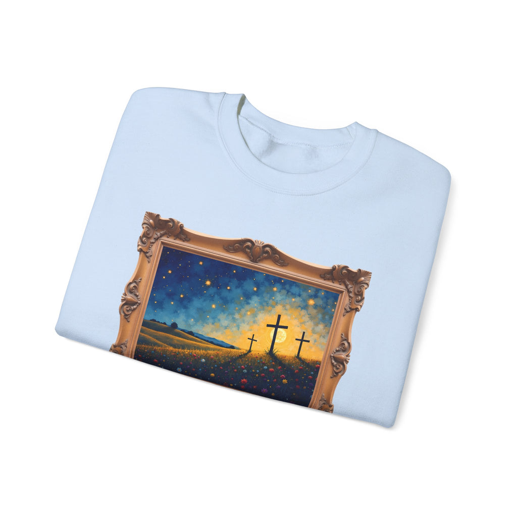 Three Crosses on Hill - Framed - Crewneck Sweatshirt | Bible Art