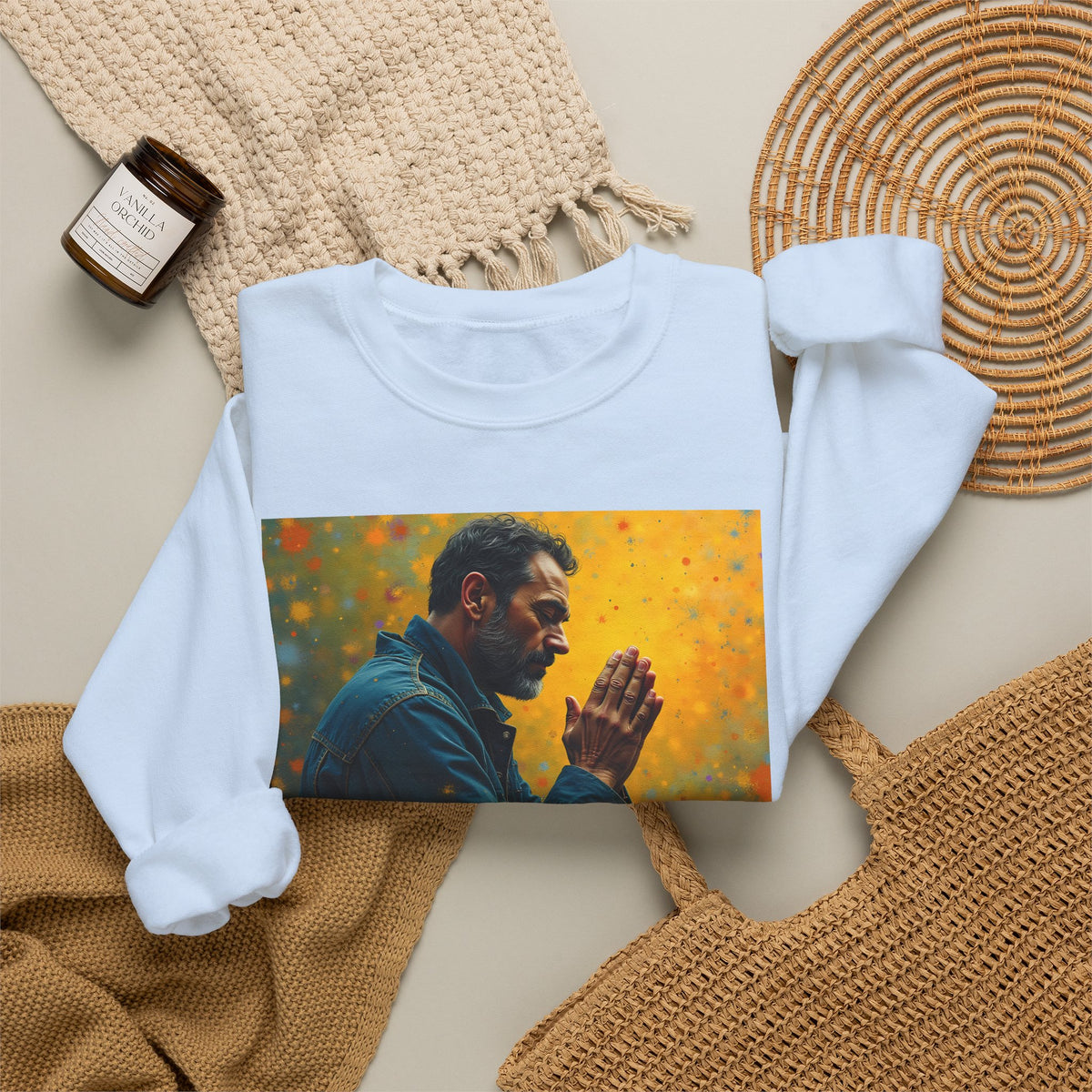 Man in Prayer | Crewneck Sweatshirt | Christian Art | Faith-Inspired