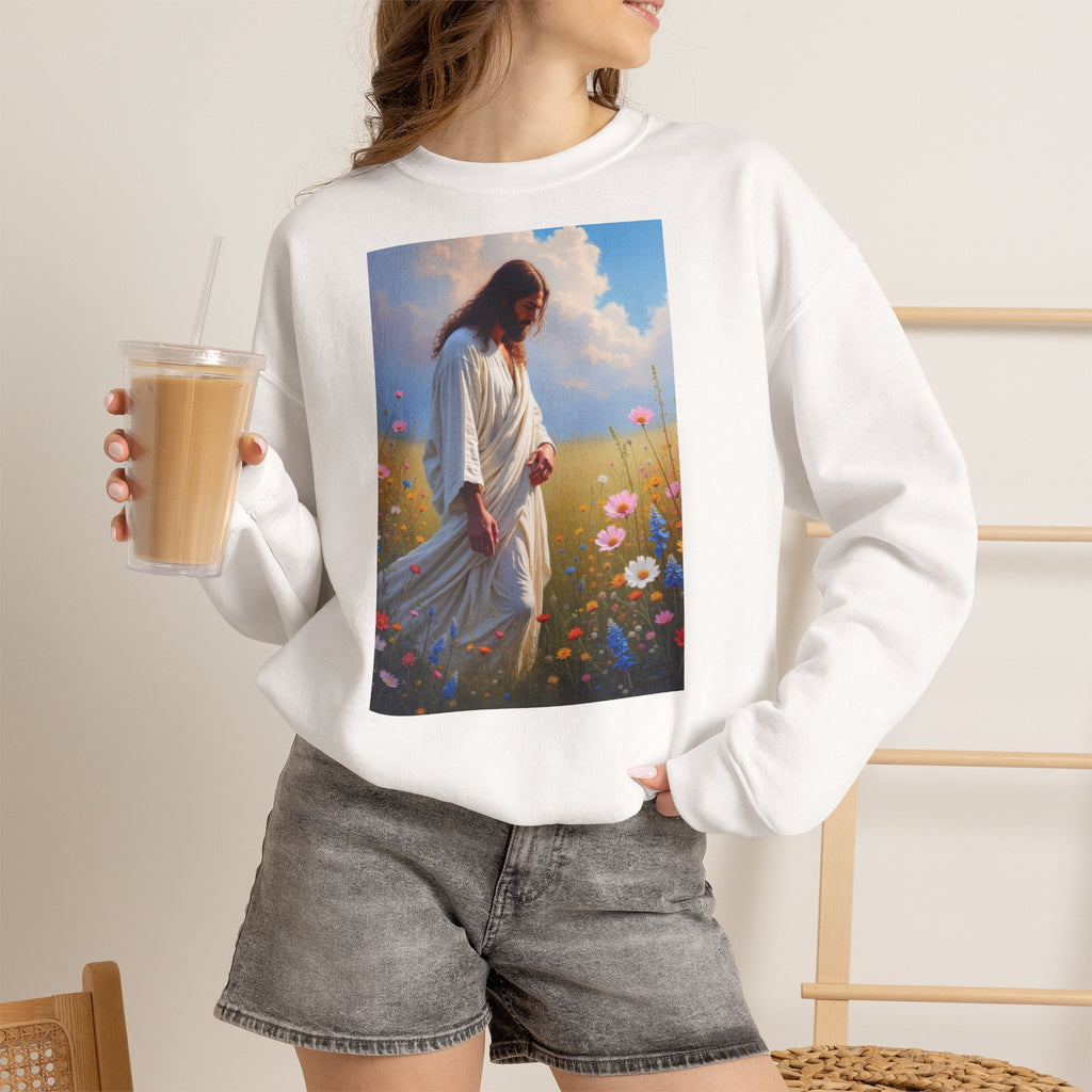 Jesus Among Wildflowers - Crewneck Sweatshirt | Christ Walking Prayerfully