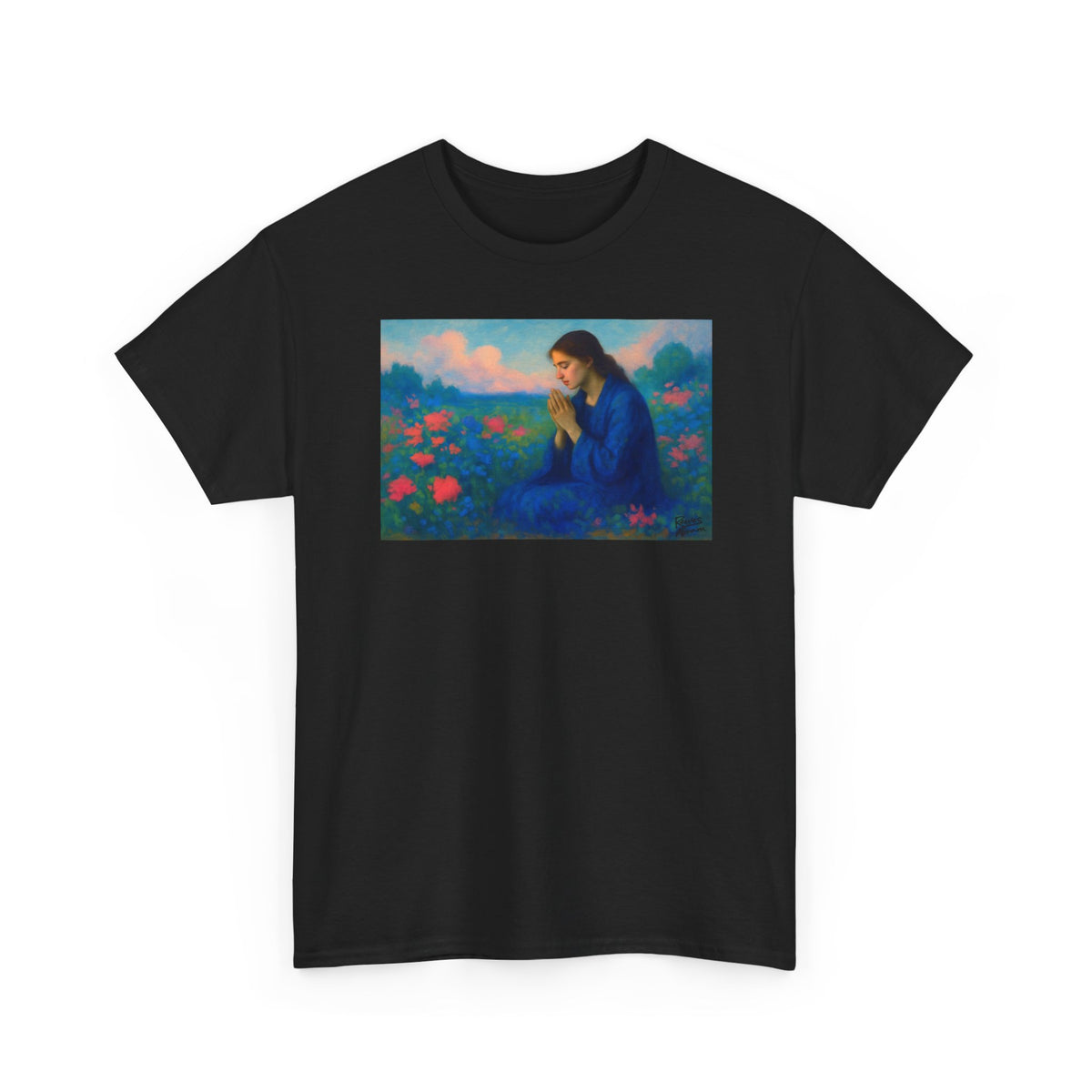 Praying Woman in Wildflowers - T-Shirt | Religious Inspirational Tee, Prayer Shirt