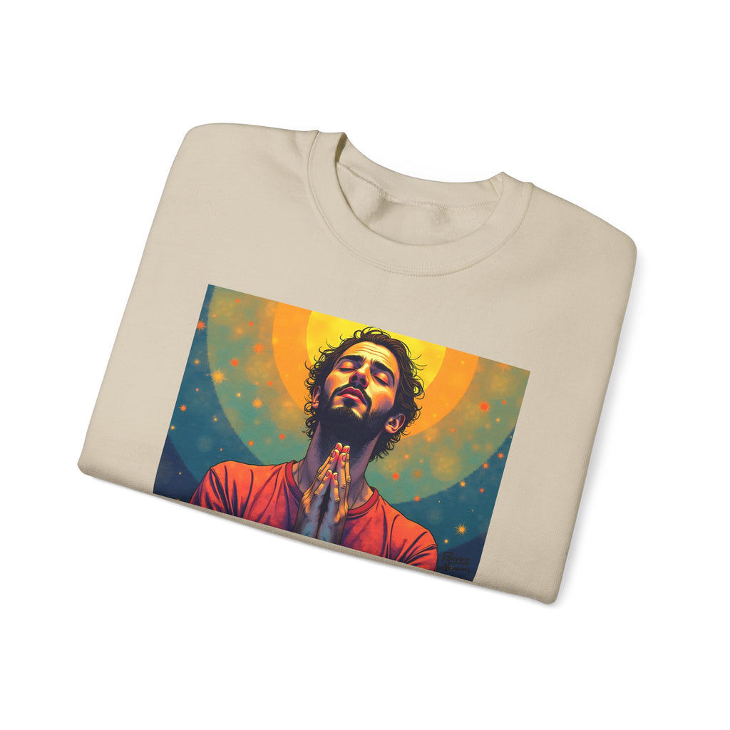 Praying Man - Serenity in Cosmic Light | Crewneck Sweatshirt | Christian Art | Faith-Inspired