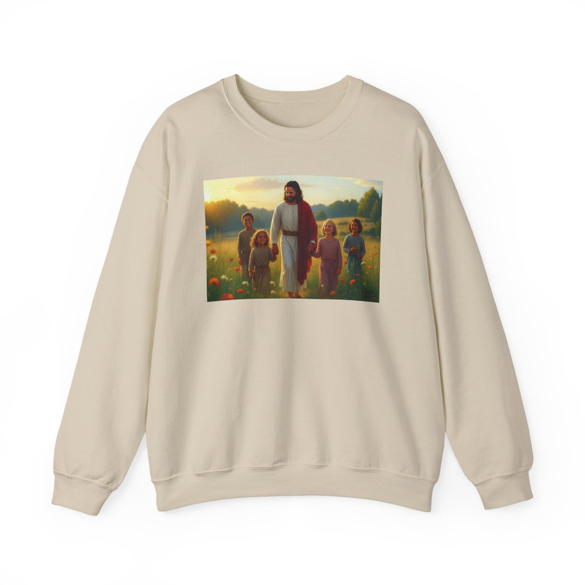 Jesus with Children in Wildflowers | Crewneck Sweatshirt | Christian Art | Faith-Inspired