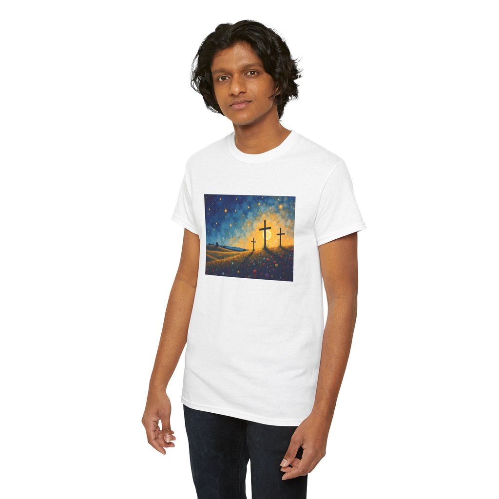 Three Crosses on Hill - T-Shirt | Religious Inspirational Tee, Jesus Faith Artwork