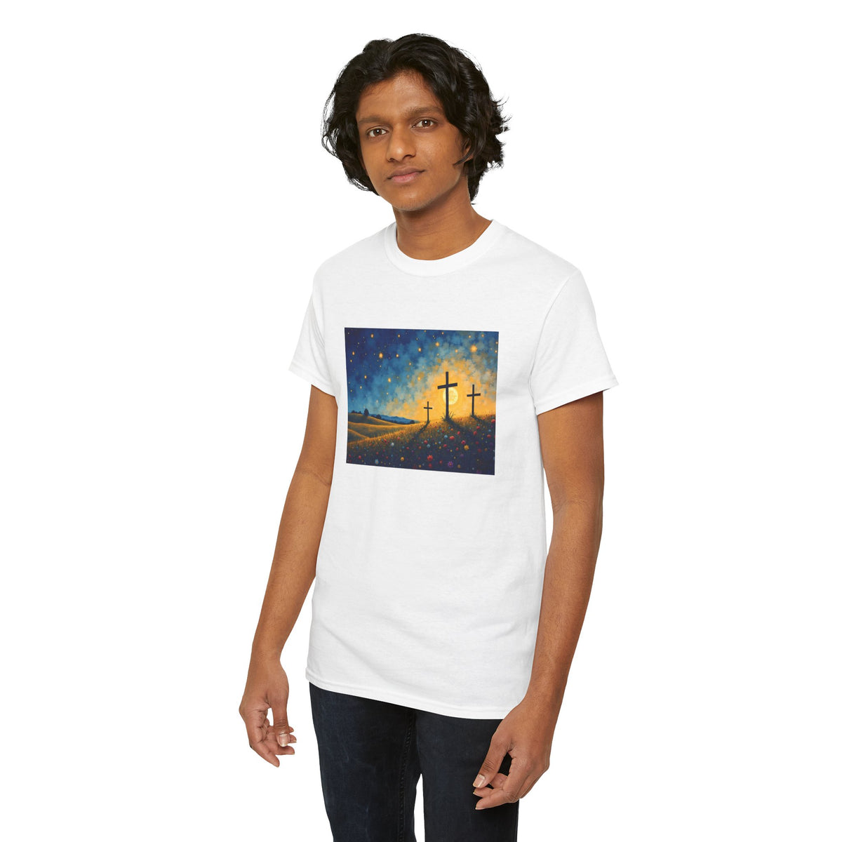 Three Crosses on Hill - T-Shirt | Religious Inspirational Tee, Jesus Faith Artwork