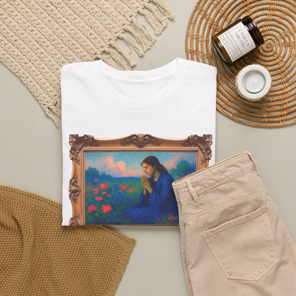 Praying Woman in Wildflowers - Framed - T-Shirt | Religious Inspirational Tee, Prayer Shirt