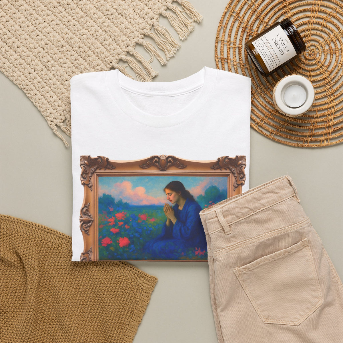 Praying Woman in Wildflowers - Framed - T-Shirt | Religious Inspirational Tee, Prayer Shirt