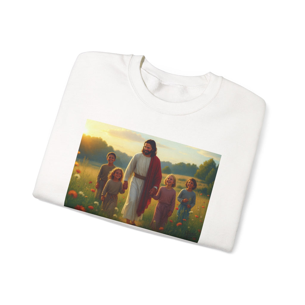 Jesus with Children in Wildflowers | Crewneck Sweatshirt | Christian Art | Faith-Inspired