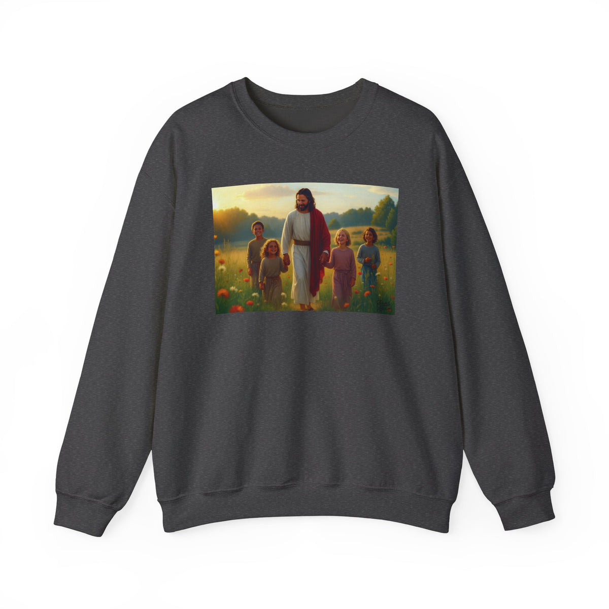 Jesus with Children in Wildflowers | Crewneck Sweatshirt | Christian Art | Faith-Inspired