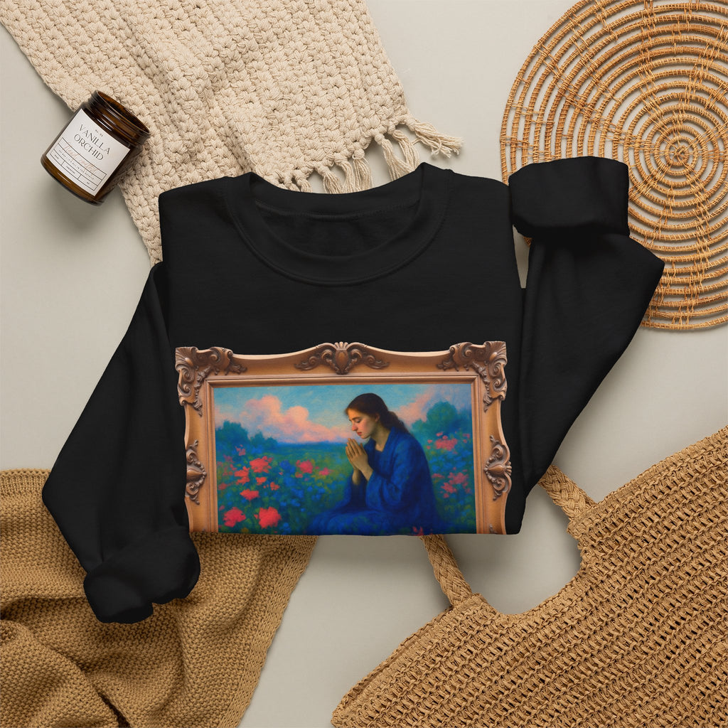 Praying Woman in Wildflowers - Framed | Crewneck Sweatshirt | Christian Art | Faith-Inspired
