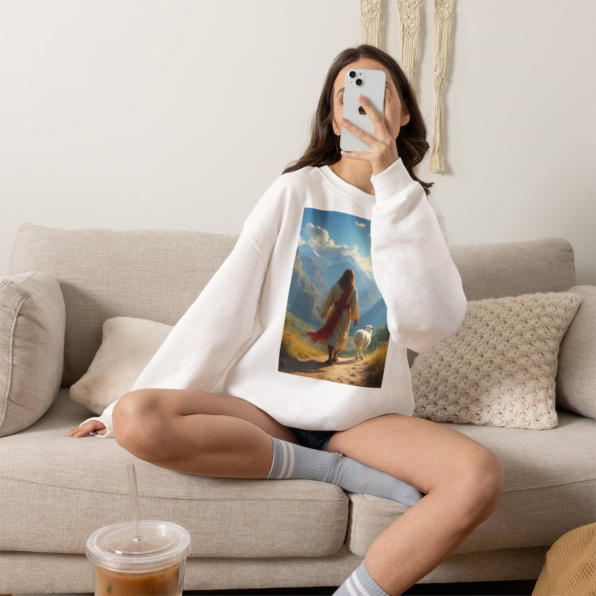 Jesus and the Lost Lamb | Crewneck Sweatshirt | Christian Art | Faith-Inspired