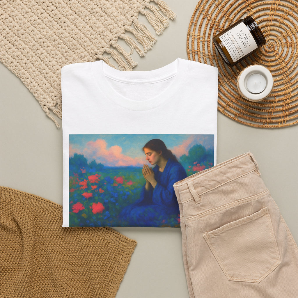 Praying Woman in Wildflowers - T-Shirt | Religious Inspirational Tee, Prayer Shirt