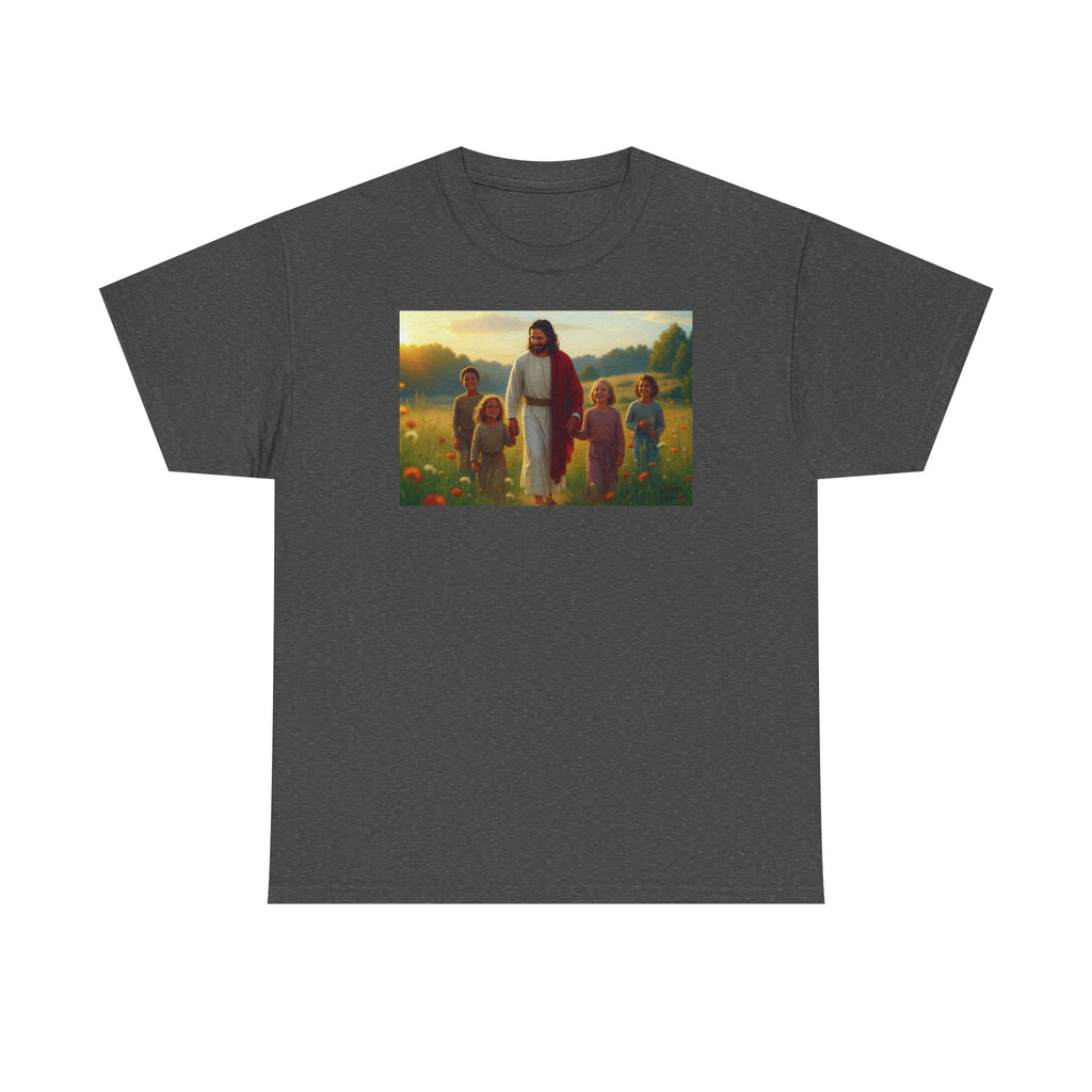 Jesus with Children in Wildflowers - T-Shirt | Religious Inspirational Tee, Prayer Artwork