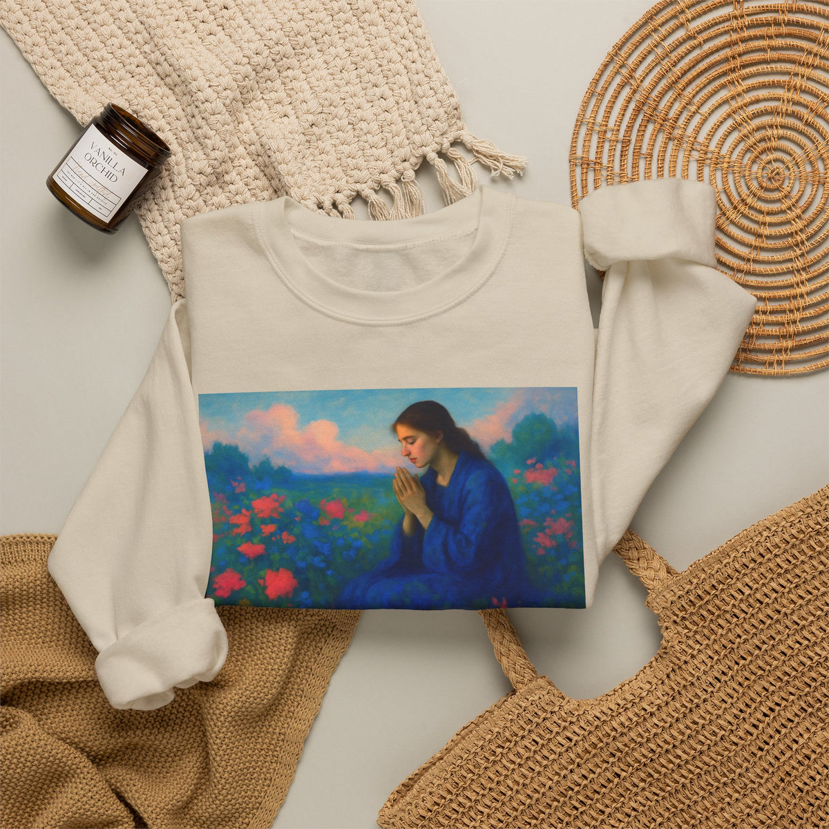 Praying Woman in Wildflowers | Crewneck Sweatshirt | Christian Art | Faith-Inspired