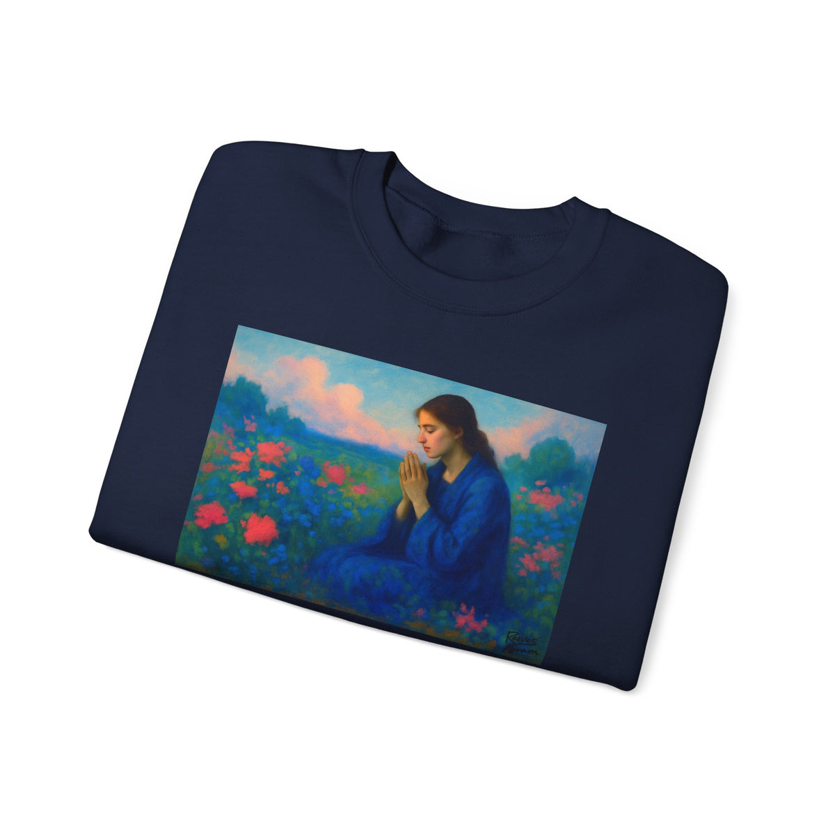 Praying Woman in Wildflowers | Crewneck Sweatshirt | Christian Art | Faith-Inspired
