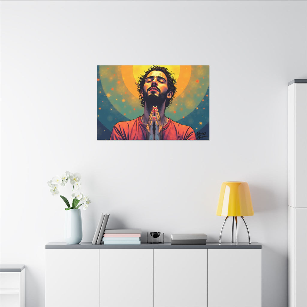Praying Man - Serenity in Cosmic Light | 36" x 24" Canvas (Horizontal) | Christian Wall Art | Illustration