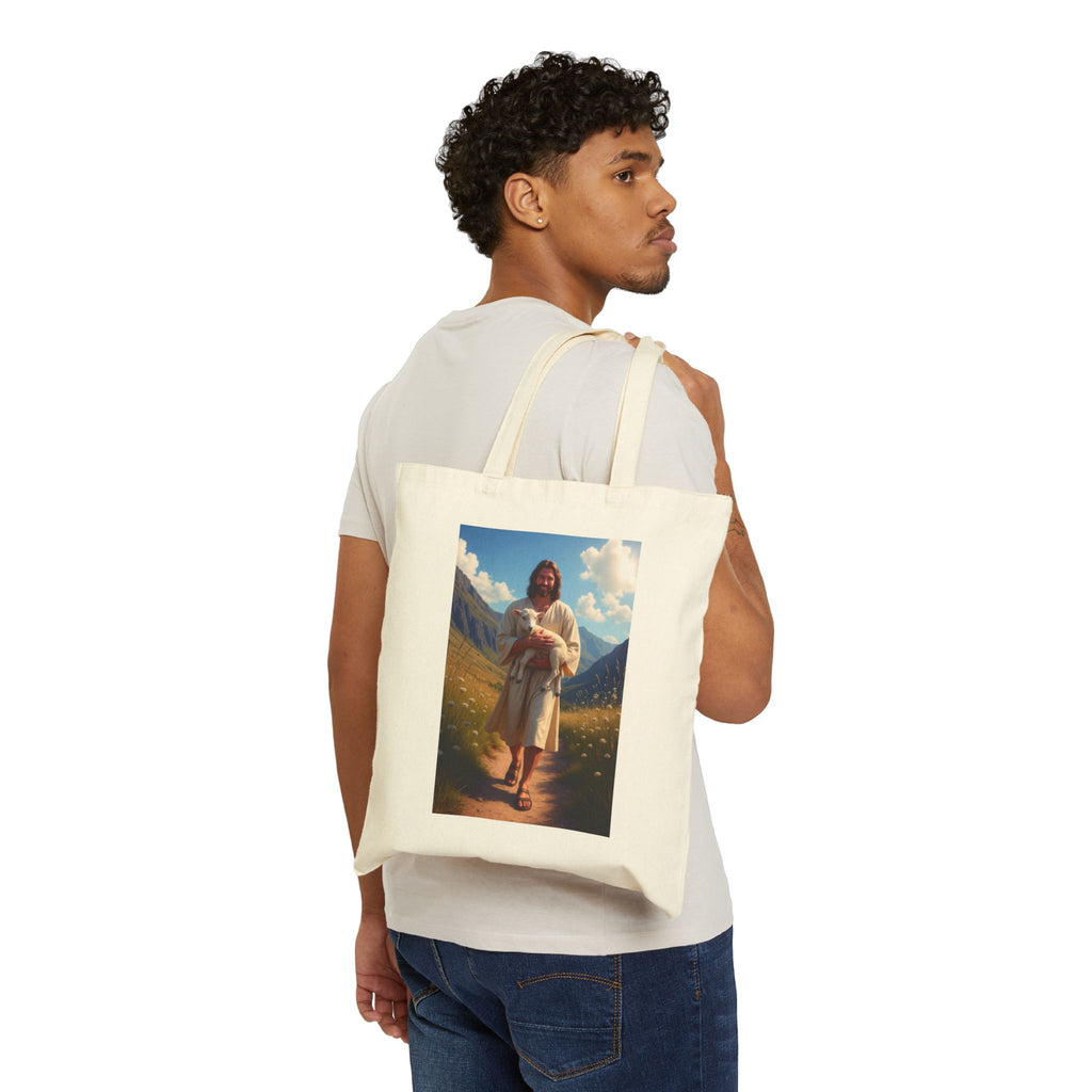 Jesus Carrying the Little Lamb - Canvas Tote Bag - The Good Shepherd Christian Art