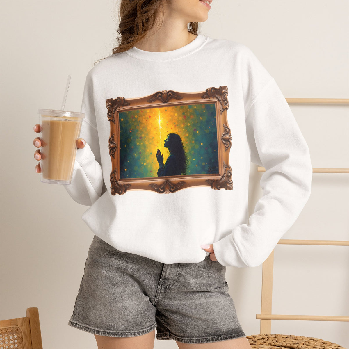 Woman in Prayer Under Magical Light - Framed - Crewneck Sweatshirt | Prayer Shirt