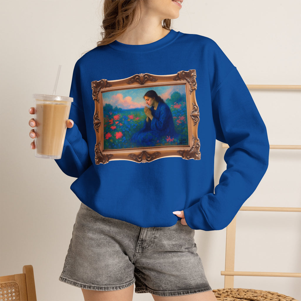 Praying Woman in Wildflowers - Framed | Crewneck Sweatshirt | Christian Art | Faith-Inspired