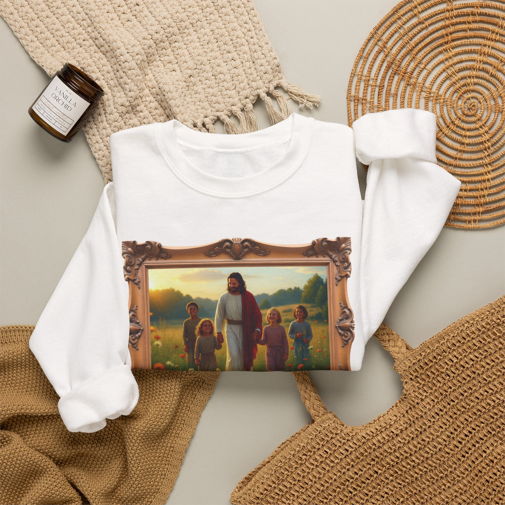 Jesus with Children in Wildflowers - Framed | Crewneck Sweatshirt | Christian Art | Faith-Inspired