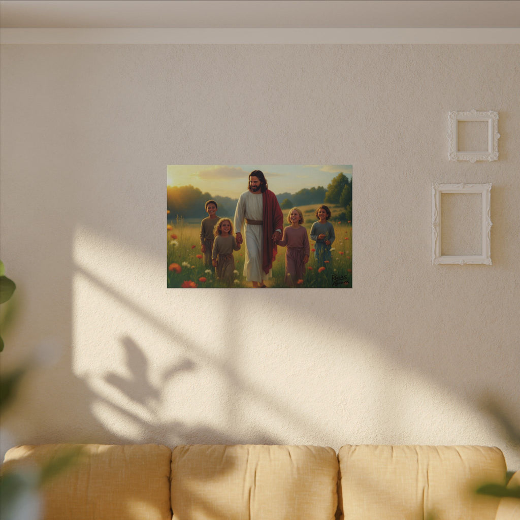 Jesus with Children in Wildflowers | 36" x 24" Canvas (Horizontal) | Christian Wall Art