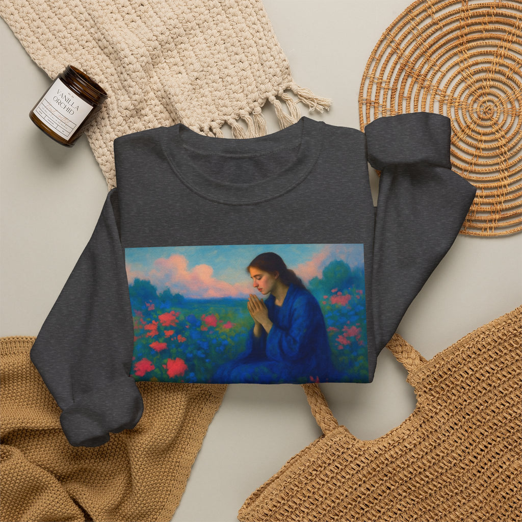 Praying Woman in Wildflowers | Crewneck Sweatshirt | Christian Art | Faith-Inspired