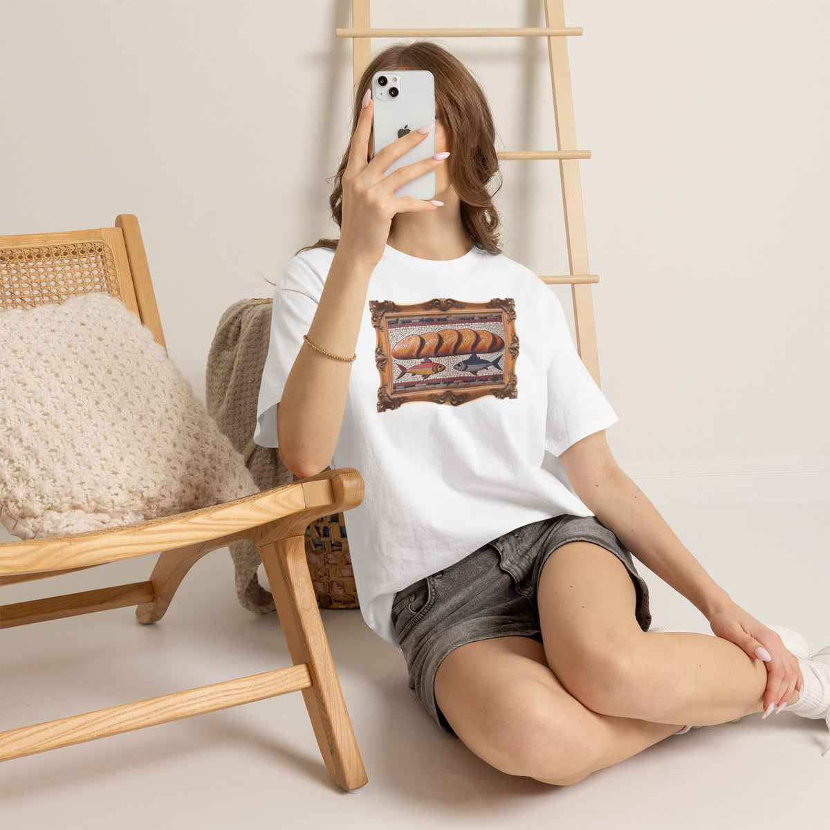 Five Loaves and Two Fish Mosaic - Framed - T-Shirt | Religious Inspirational Tee | Roman-Era-Inspired Christian Art