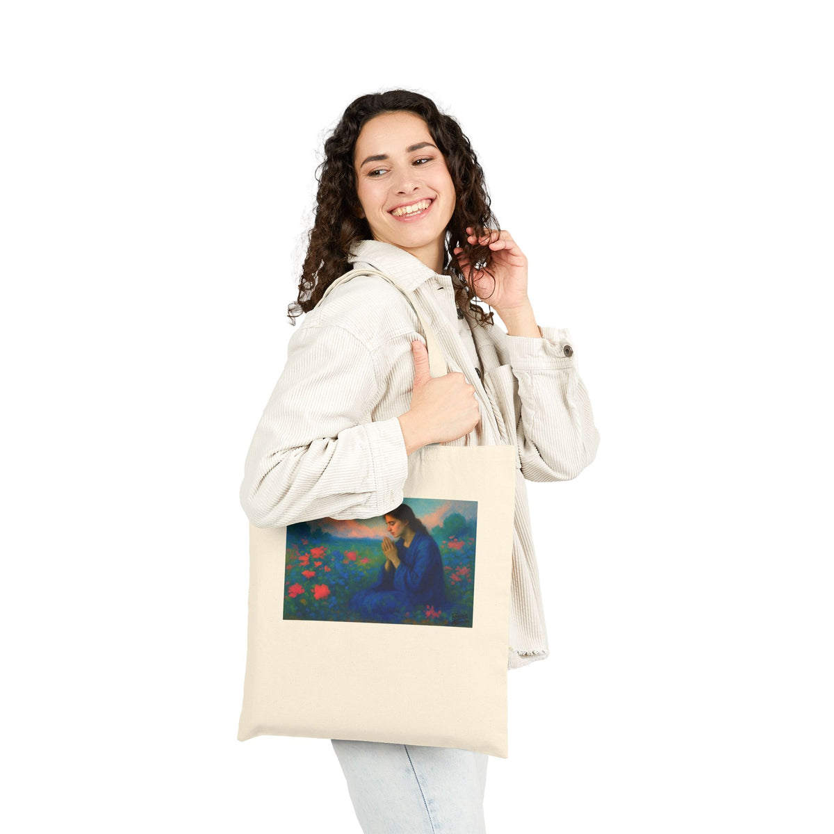 Praying Woman in Wildflowers - Canvas Tote Bag