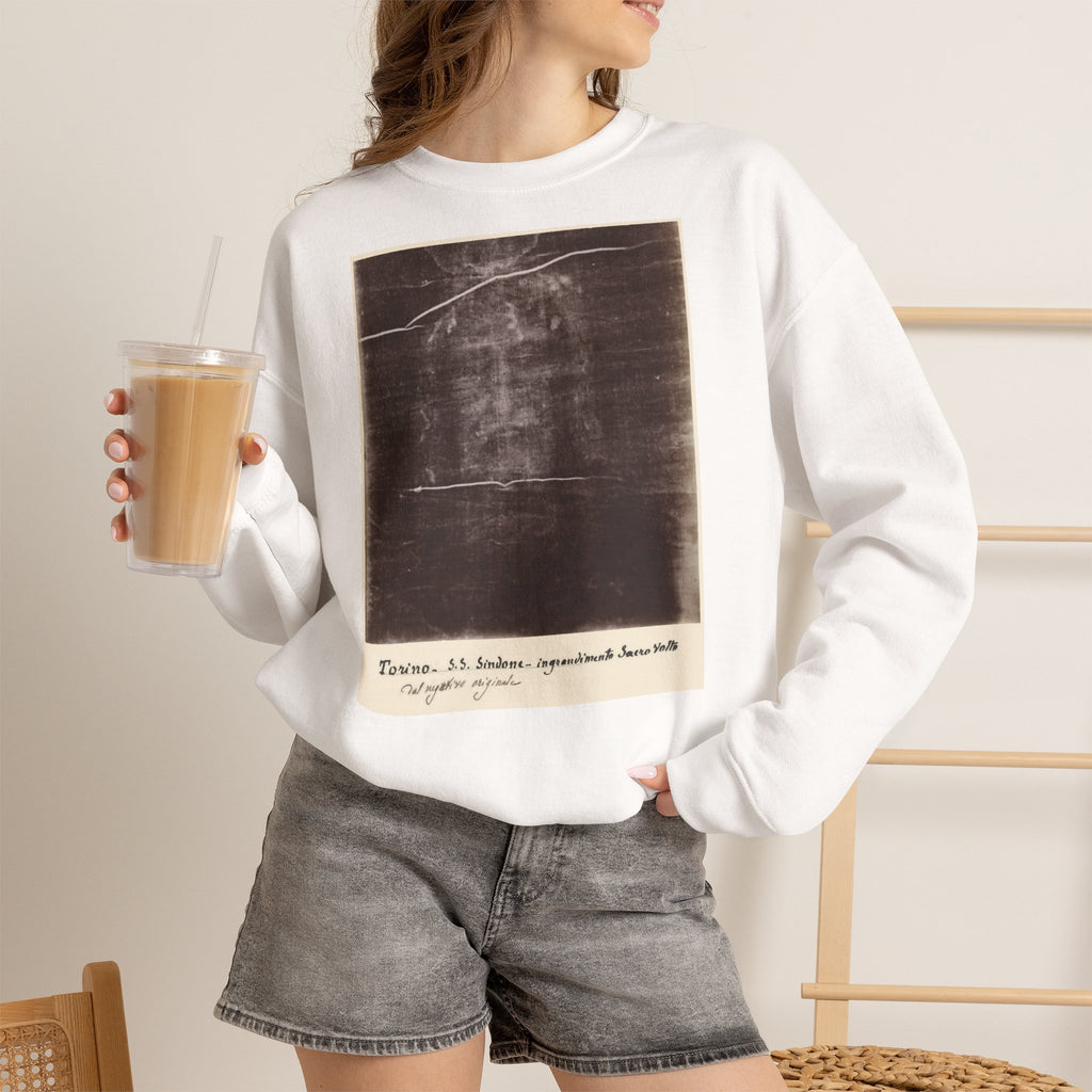 The Holy Face of Jesus - Shroud of Turin 1898 - Crewneck Sweatshirt | Secondo Pia Historic Photographic Negative - Vintage Christian Art