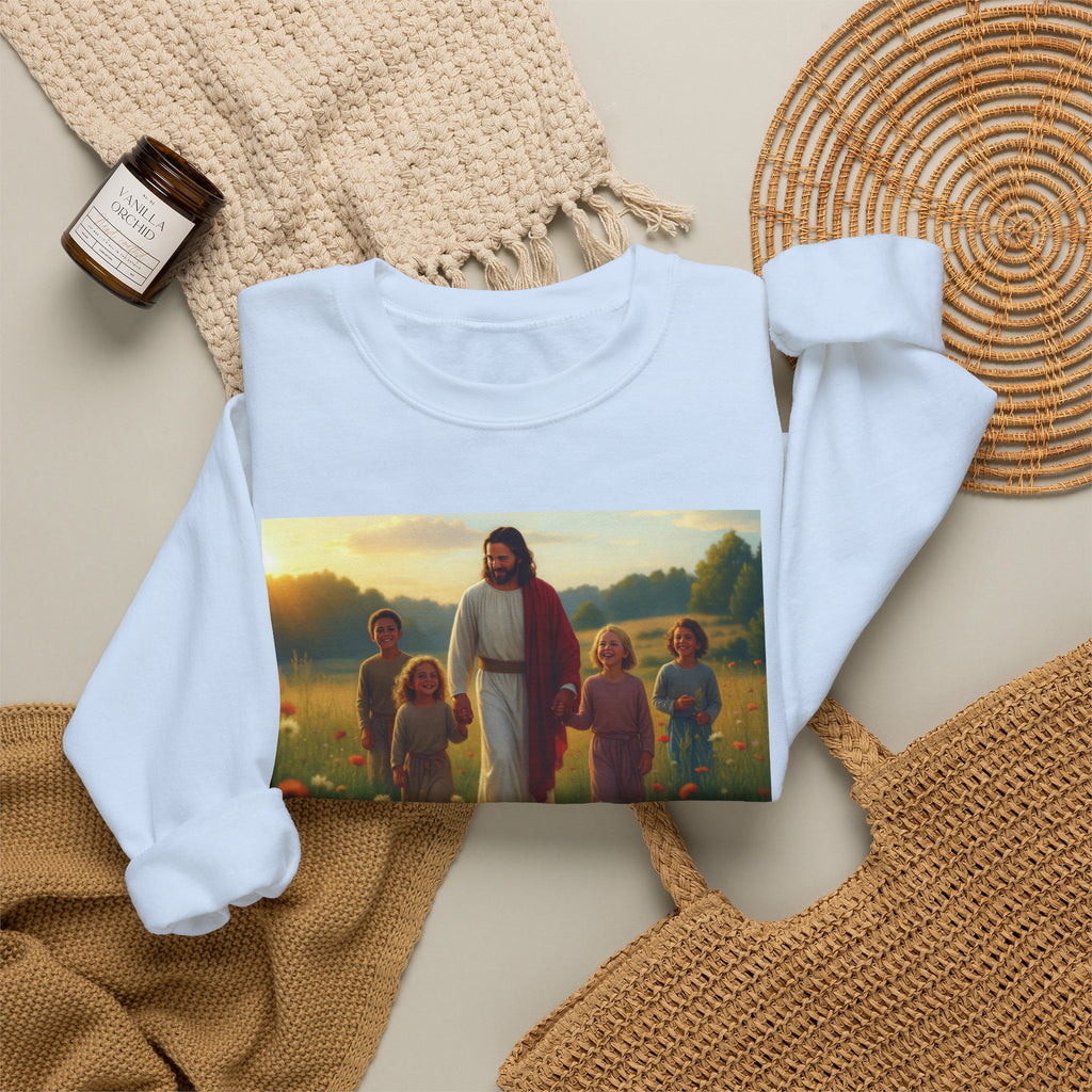 Jesus with Children in Wildflowers | Crewneck Sweatshirt | Christian Art | Faith-Inspired