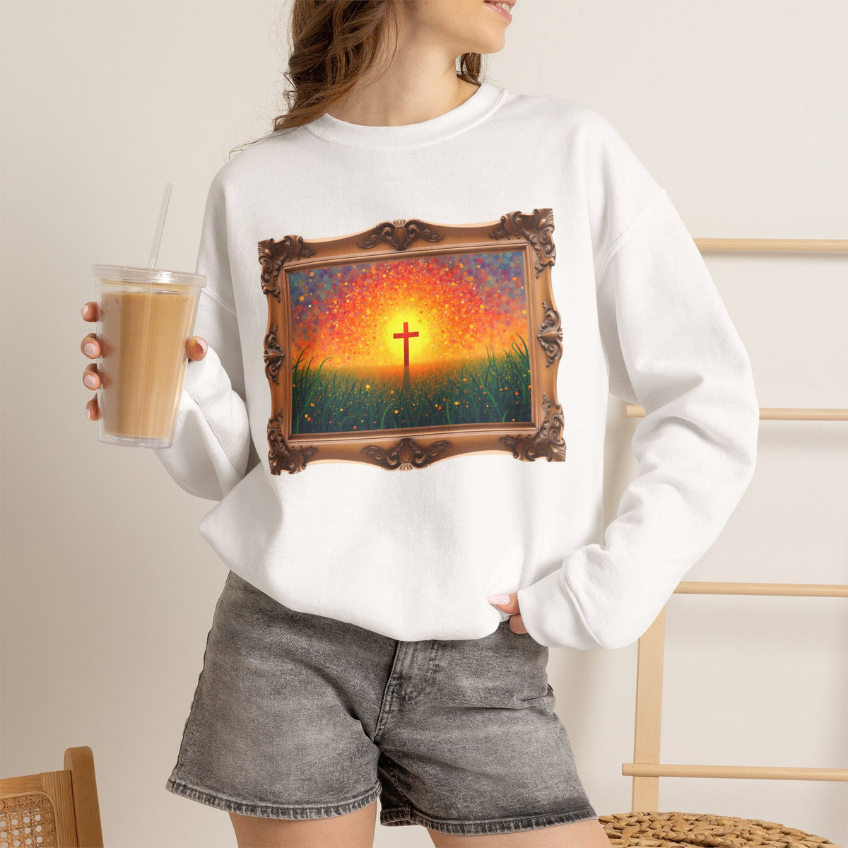 Glowing Cross in the Field - Framed - Crewneck Sweatshirt | Cross of Christ