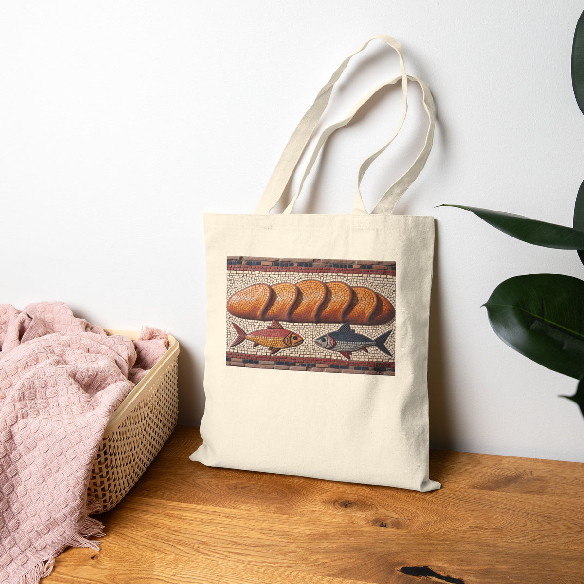 Five Loaves and Two Fish Mosaic - Canvas Tote Bag - Roman-Era-Inspired Christian Art