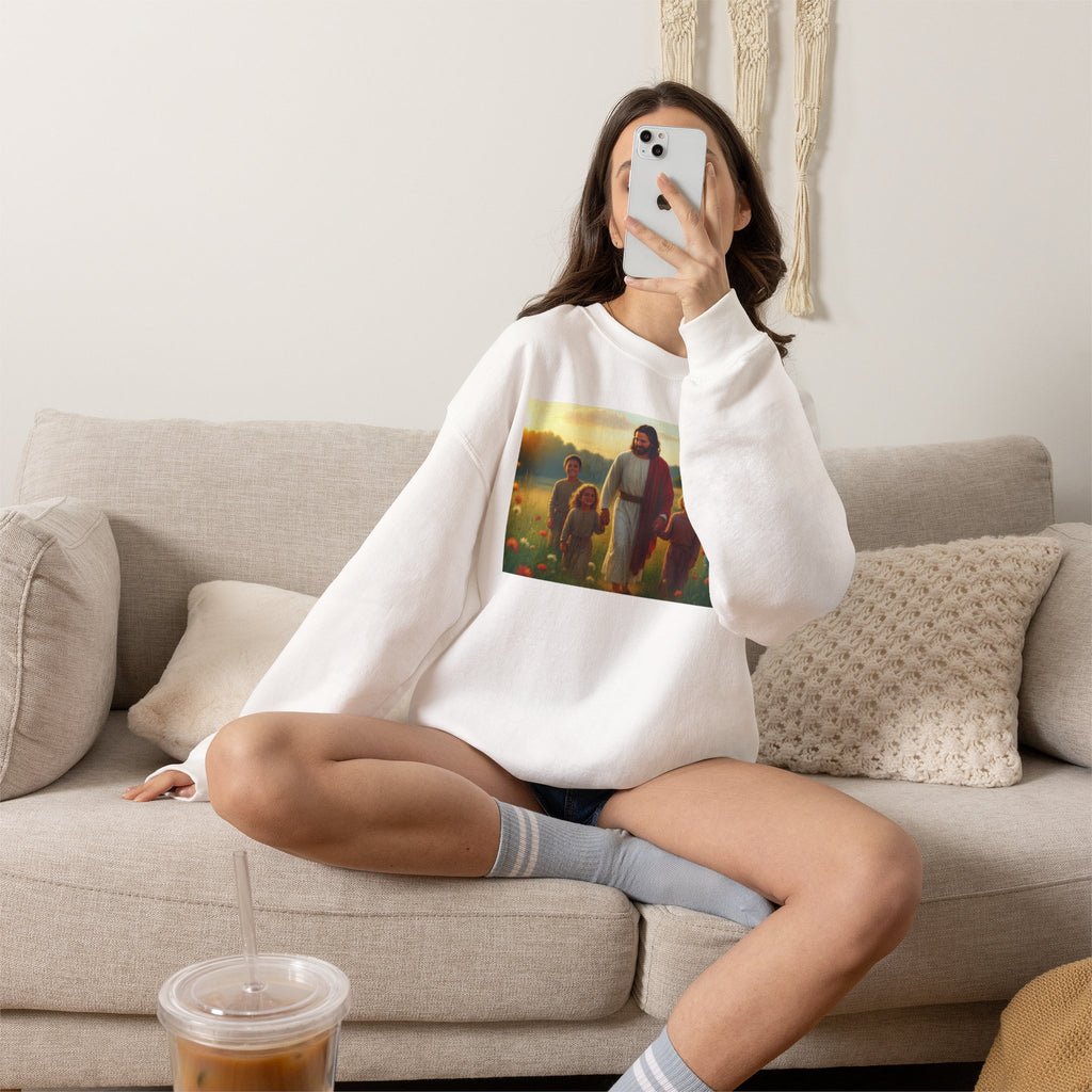 Jesus with Children in Wildflowers | Crewneck Sweatshirt | Christian Art | Faith-Inspired