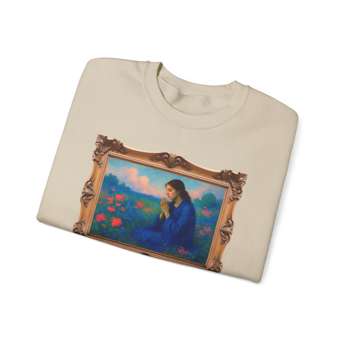 Praying Woman in Wildflowers - Framed | Crewneck Sweatshirt | Christian Art | Faith-Inspired