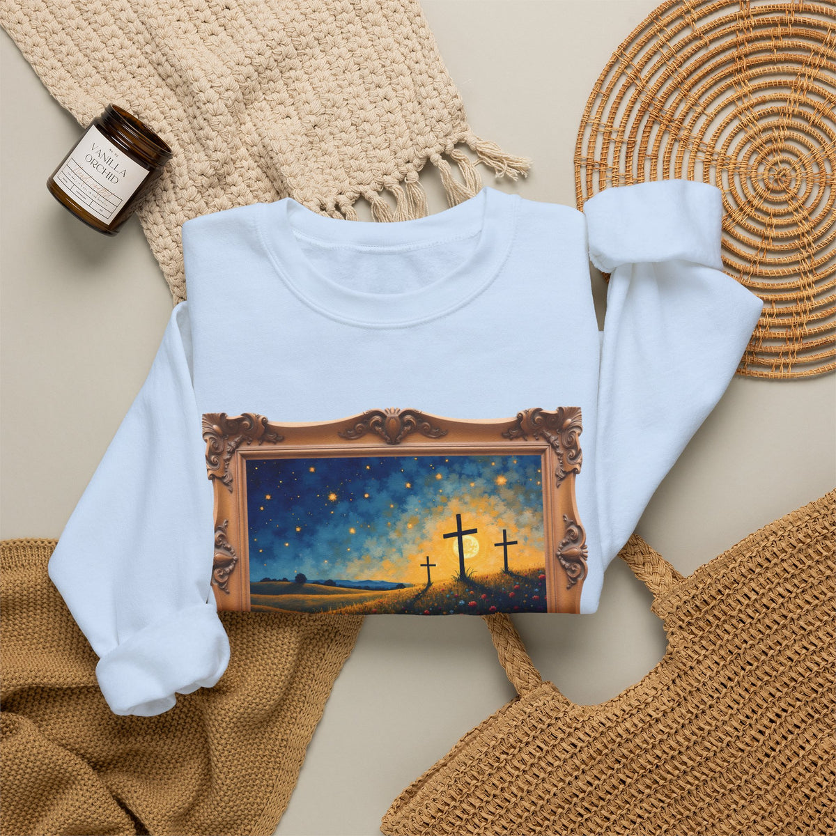 Three Crosses on Hill - Framed - Crewneck Sweatshirt | Bible Art