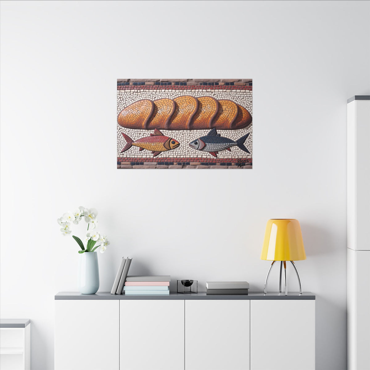 Five Loaves and Two Fish Mosaic Illustration | 36" x 24" Canvas (Horizontal) | Christian Faith Wall Decor - Roman-Era-Inspired Art