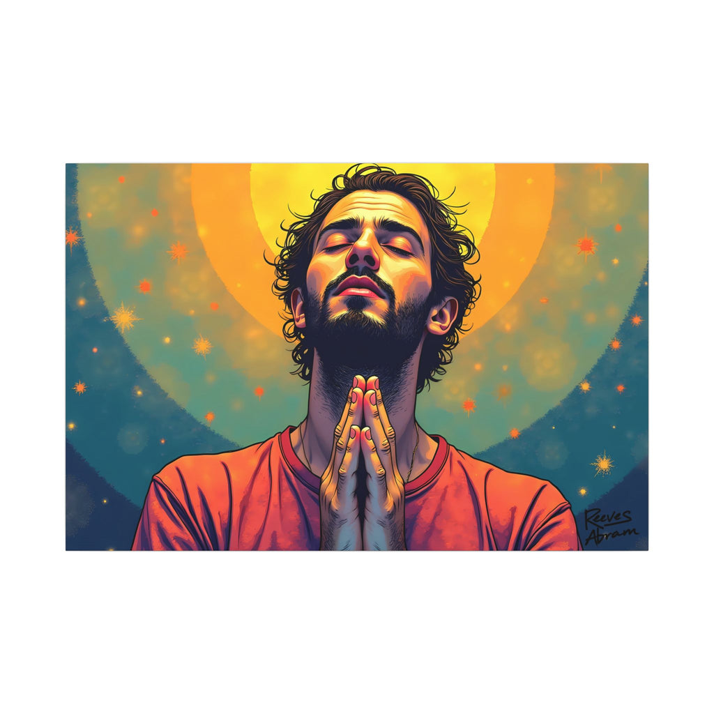 Praying Man - Serenity in Cosmic Light | 36" x 24" Canvas (Horizontal) | Christian Wall Art | Illustration