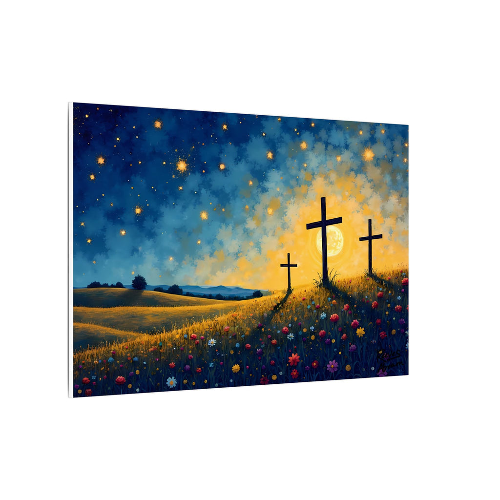Three Crosses on Hill | 36" x 24" Canvas (Horizontal) | Christian Wall Art | Faith Home Decor | Floral Night Sky