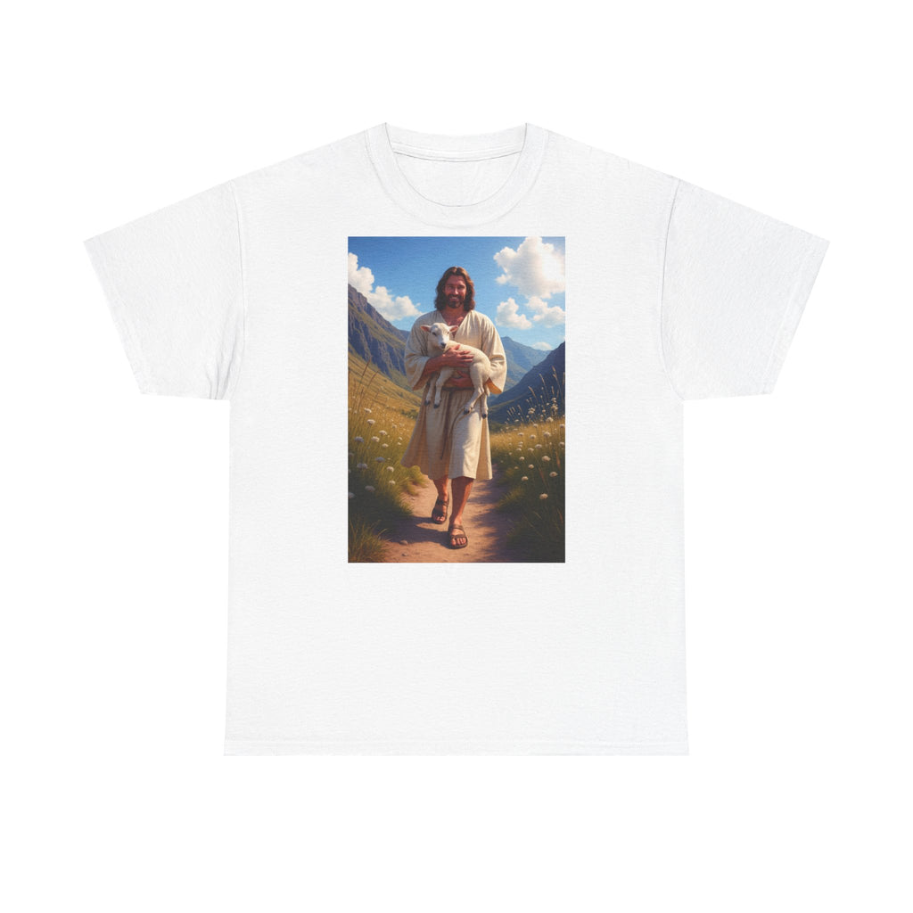 Jesus Carrying the Little Lamb - T-Shirt | Religious Inspirational Tee | The Good Shepherd Christian Art