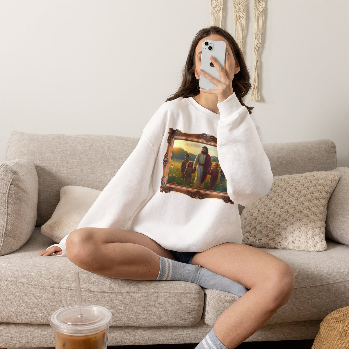 Jesus with Children in Wildflowers - Framed | Crewneck Sweatshirt | Christian Art | Faith-Inspired