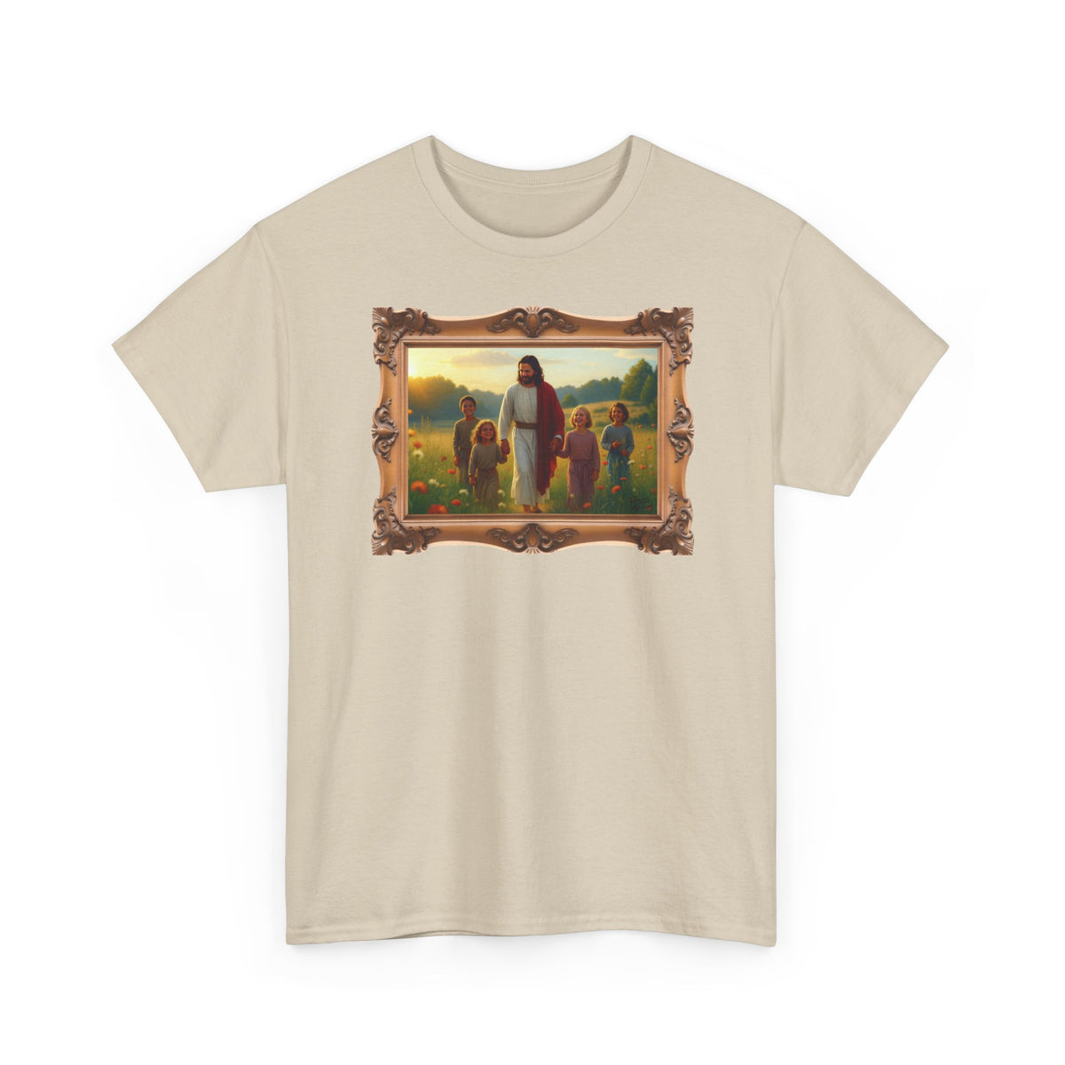 Jesus with Children in Wildflowers - Framed - T-Shirt | Religious Inspirational Tee, Prayer Artwork
