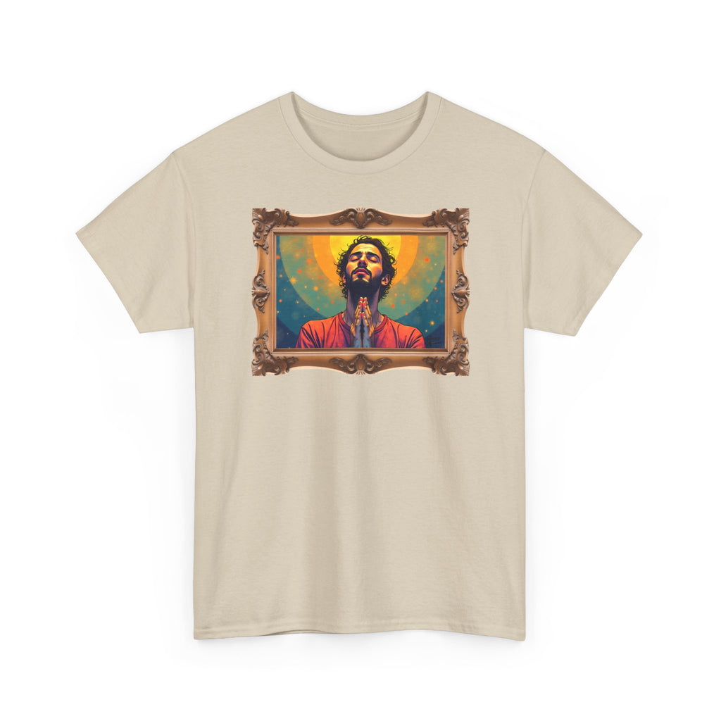 Praying Man - Serenity in Cosmic Light - Framed - T-Shirt | Religious Inspirational Tee, Prayer Artwork