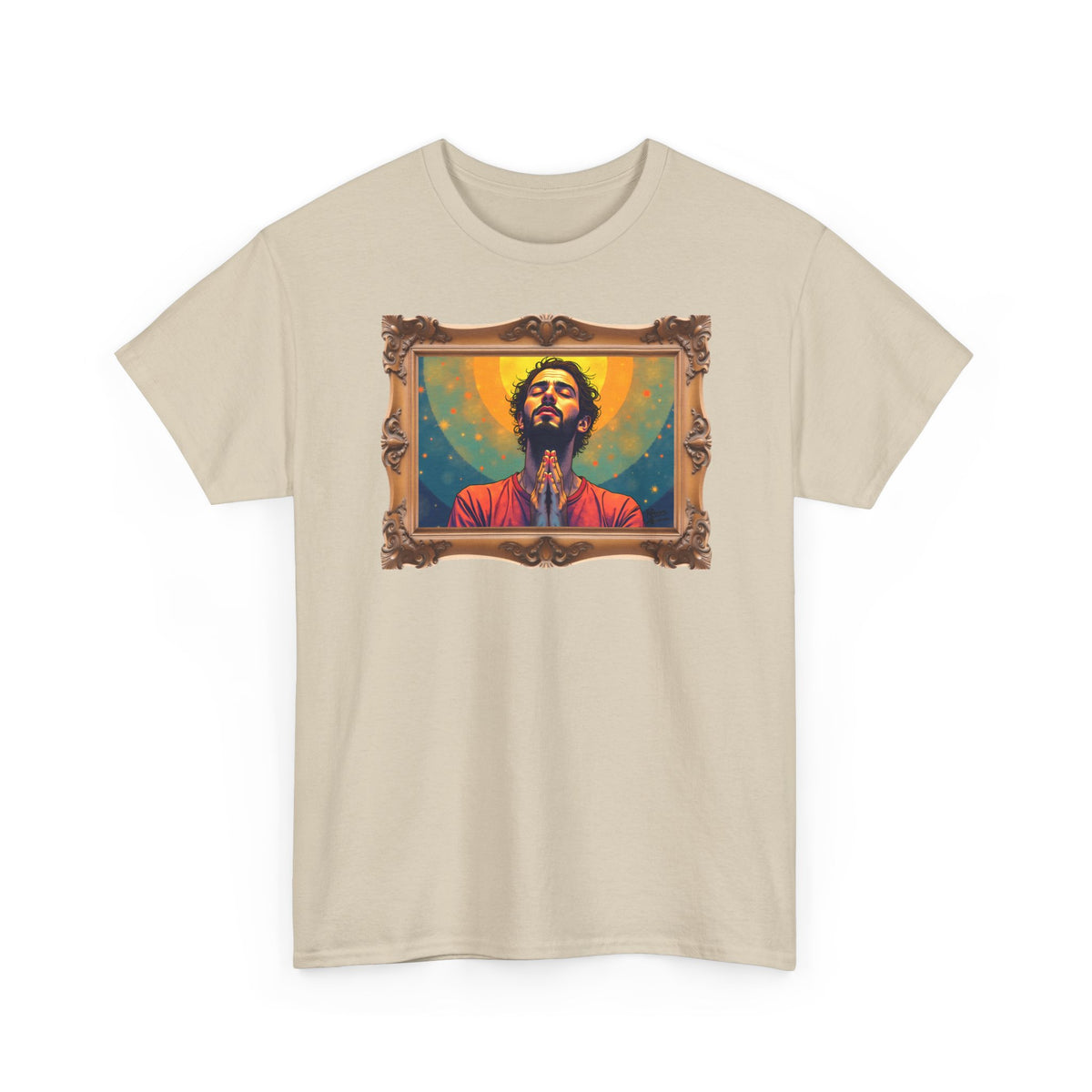 Praying Man - Serenity in Cosmic Light - Framed - T-Shirt | Religious Inspirational Tee, Prayer Artwork