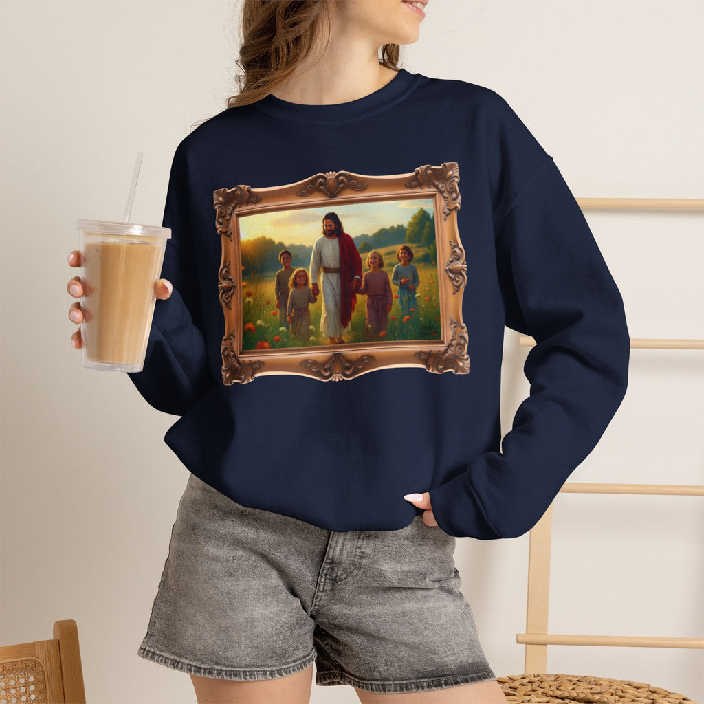 Jesus with Children in Wildflowers - Framed | Crewneck Sweatshirt | Christian Art | Faith-Inspired