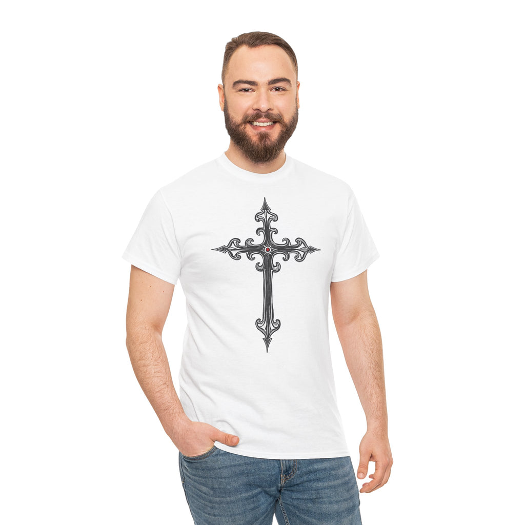 Ornate Silver Jeweled Cross Sketch - T-Shirt | Religious Inspirational Tee | Gothic-Style Christian Art