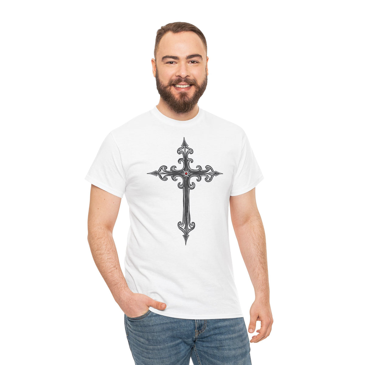 Ornate Silver Jeweled Cross Sketch - T-Shirt | Religious Inspirational Tee | Gothic-Style Christian Art