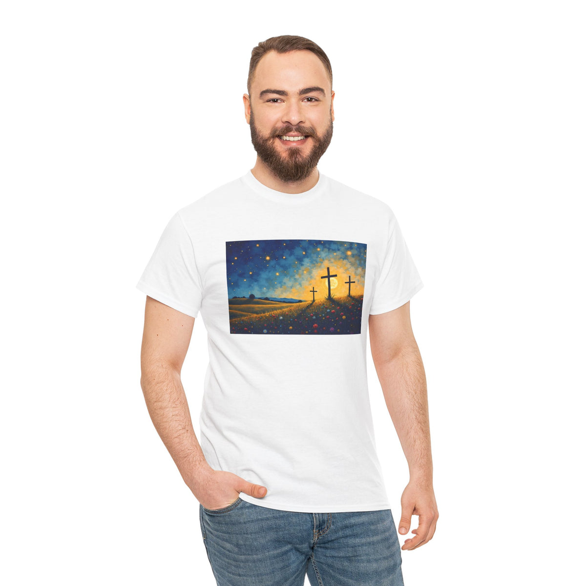 Three Crosses on Hill - T-Shirt | Religious Inspirational Tee, Jesus Faith Artwork